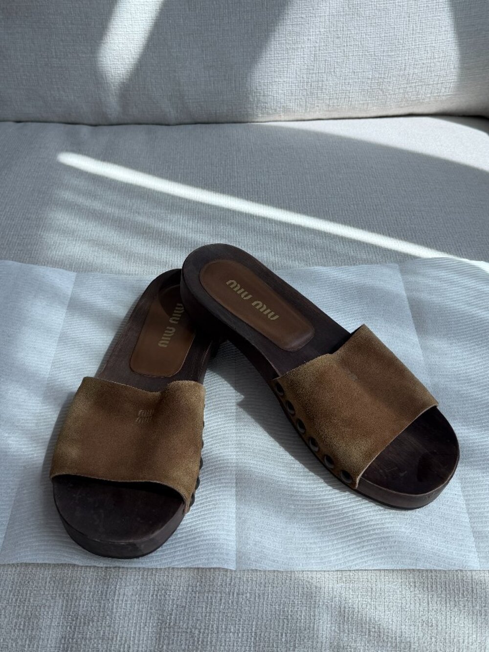 MIU MIU Faded suede clogs in Cinnamon size 36.5